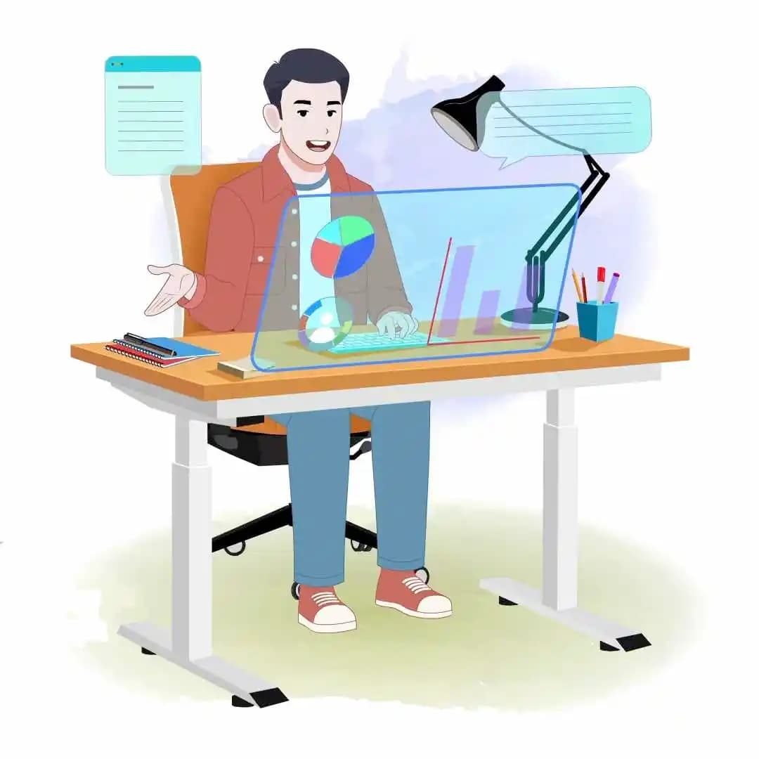 Cartoon young man character in casual clothes talking while working animated vector AKA Alvin