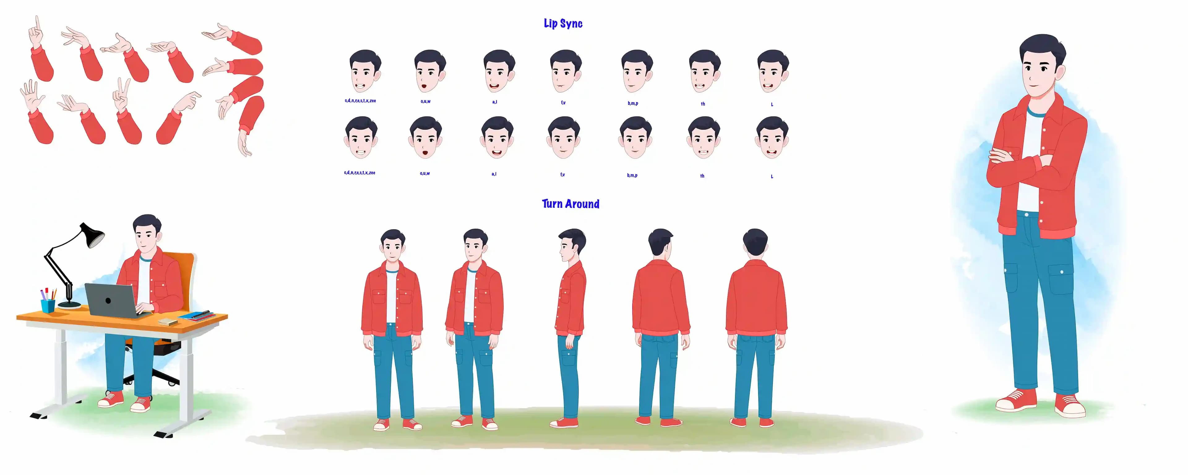 Cartoon young man character in casual clothes model sheet & turn around set for animation AKA Alvin