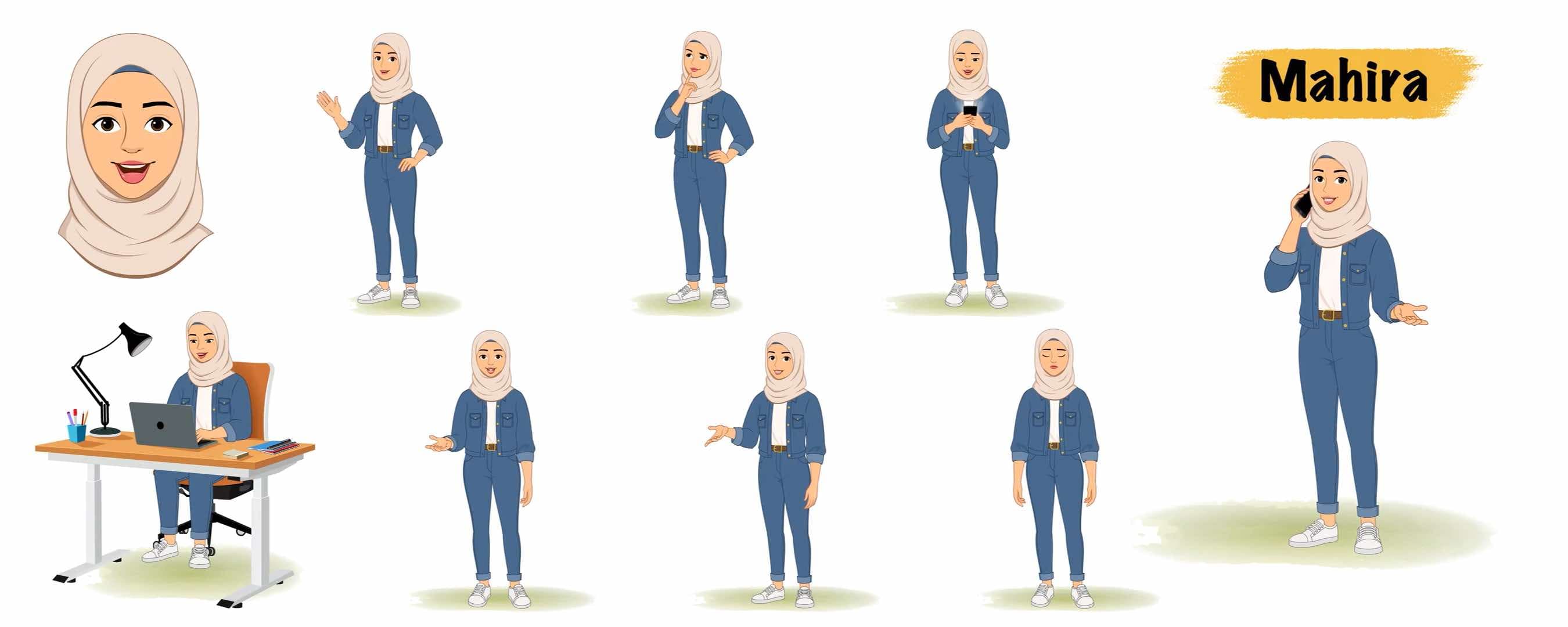 Hijab character in casual clothes animated model sheet vector AKA Mahira