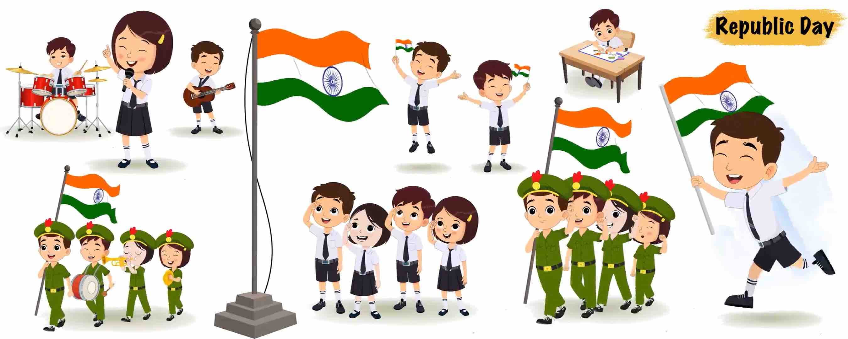 School children celebrating Republic Day animated vector cartoon character