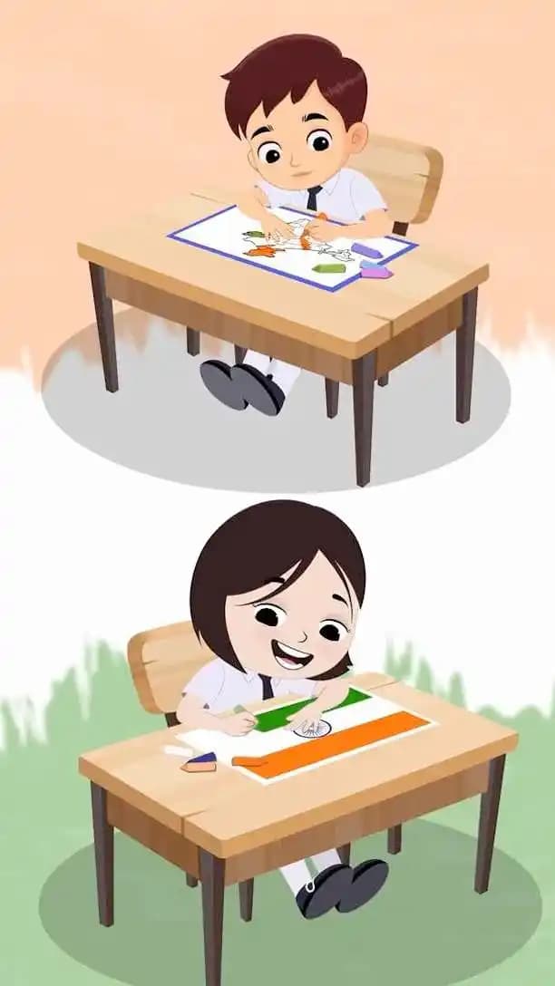 School kids draw Indian flag Animated vector cartoon character