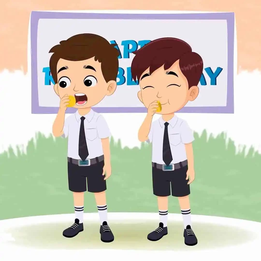 School children eating sweets animated vector cartoon character