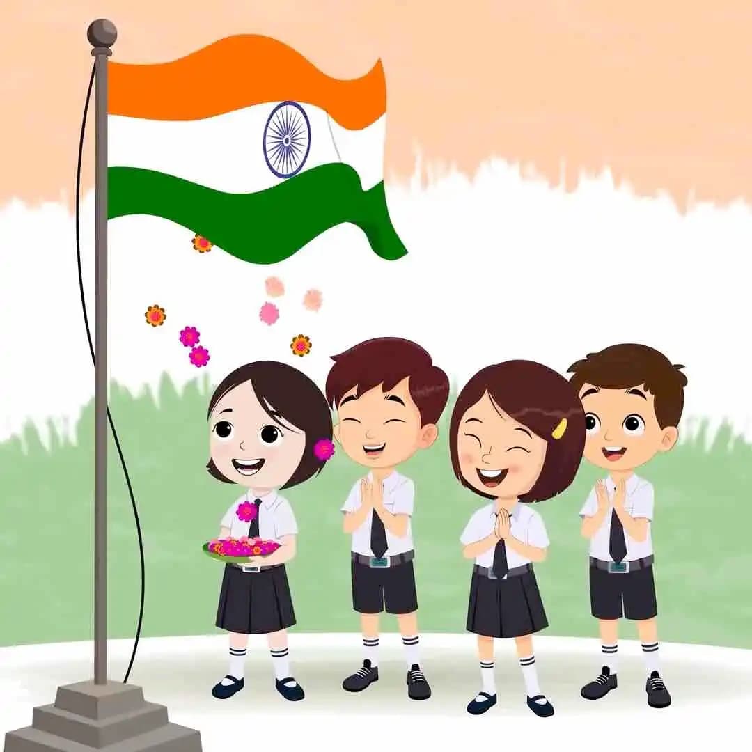 Flowers Fall on Indian Flag kids clapping animated vector cartoon character