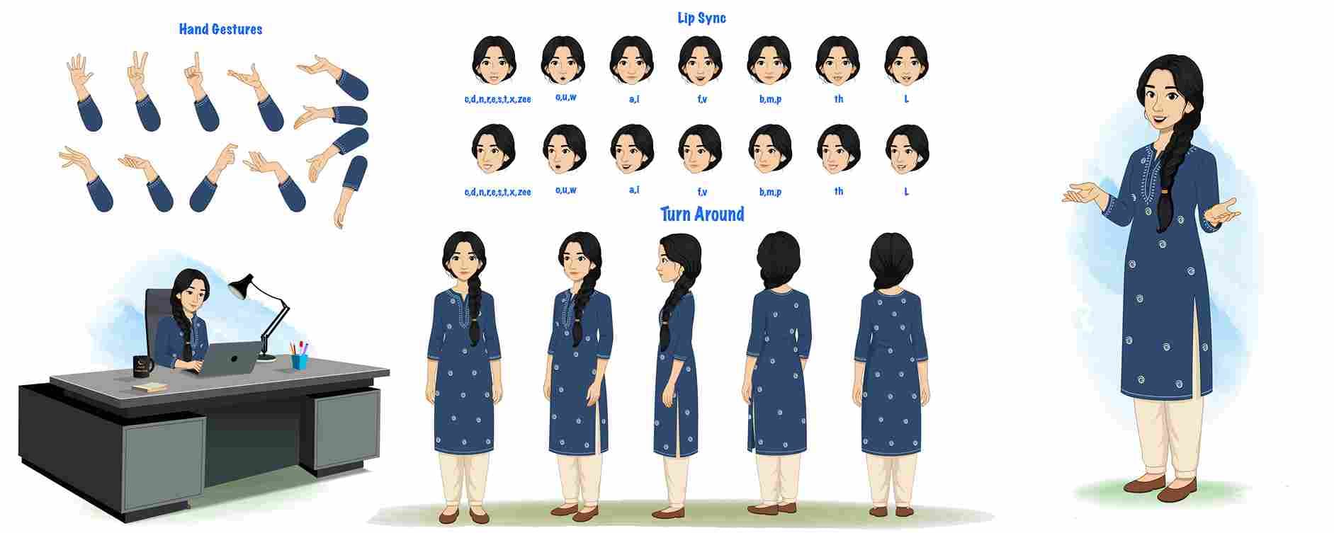 Beautiful indian girl with salwar suit model sheet vector cartoon character AKA Gauri