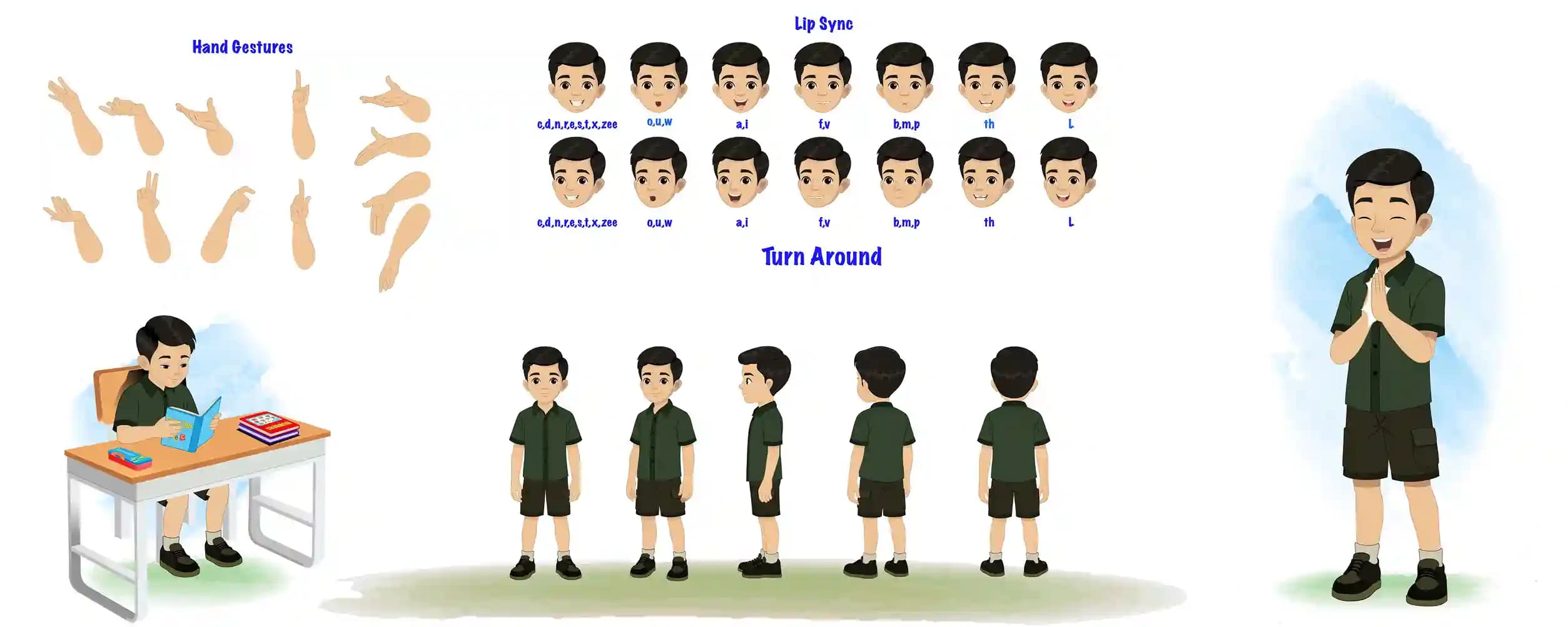 Cute school boy in green shirt model sheet vector cartoon character AKA Chirag