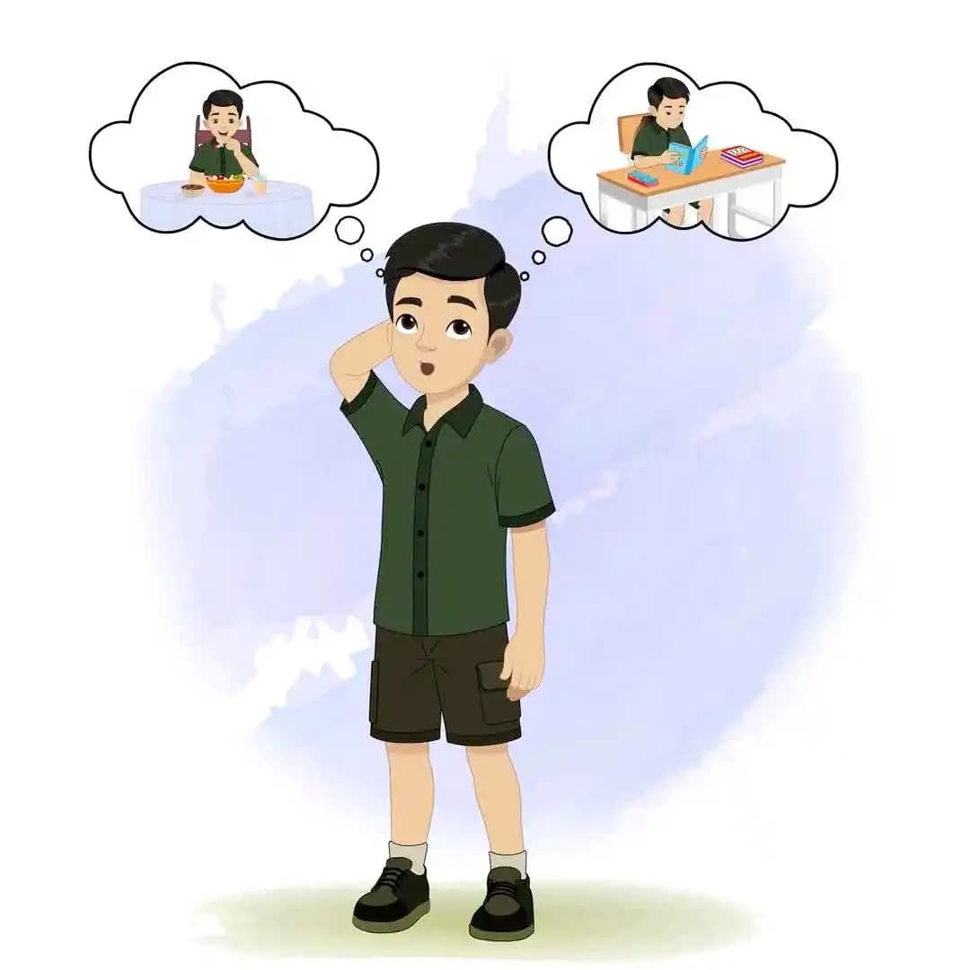 Boy confused between eating and reading animated vector cartoon character AKA Chirag