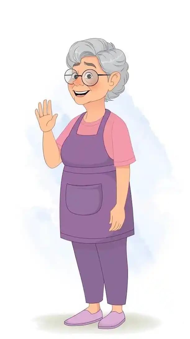 Old woman saying hi pose animated vector cartoon character AKA Selia