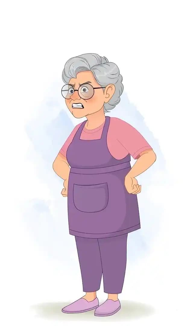 Angry old woman wearing purple apron animated vector cartoon character AKA Selia