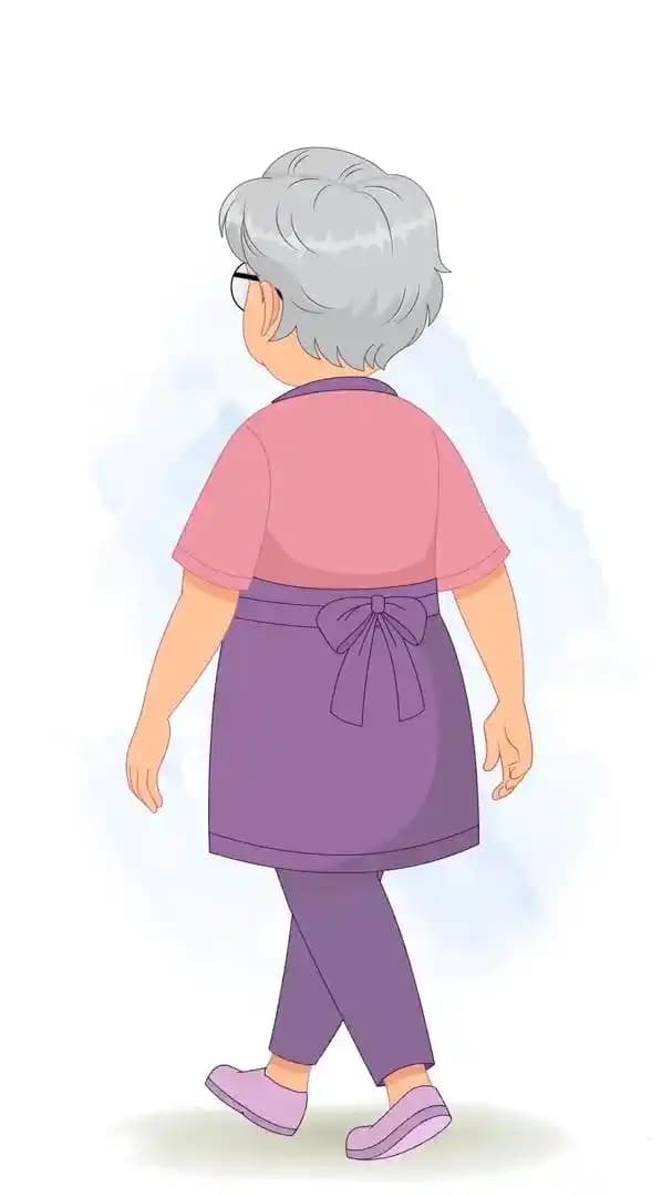 Elderly woman Walking back third view animated vector cartoon character AKA Selia