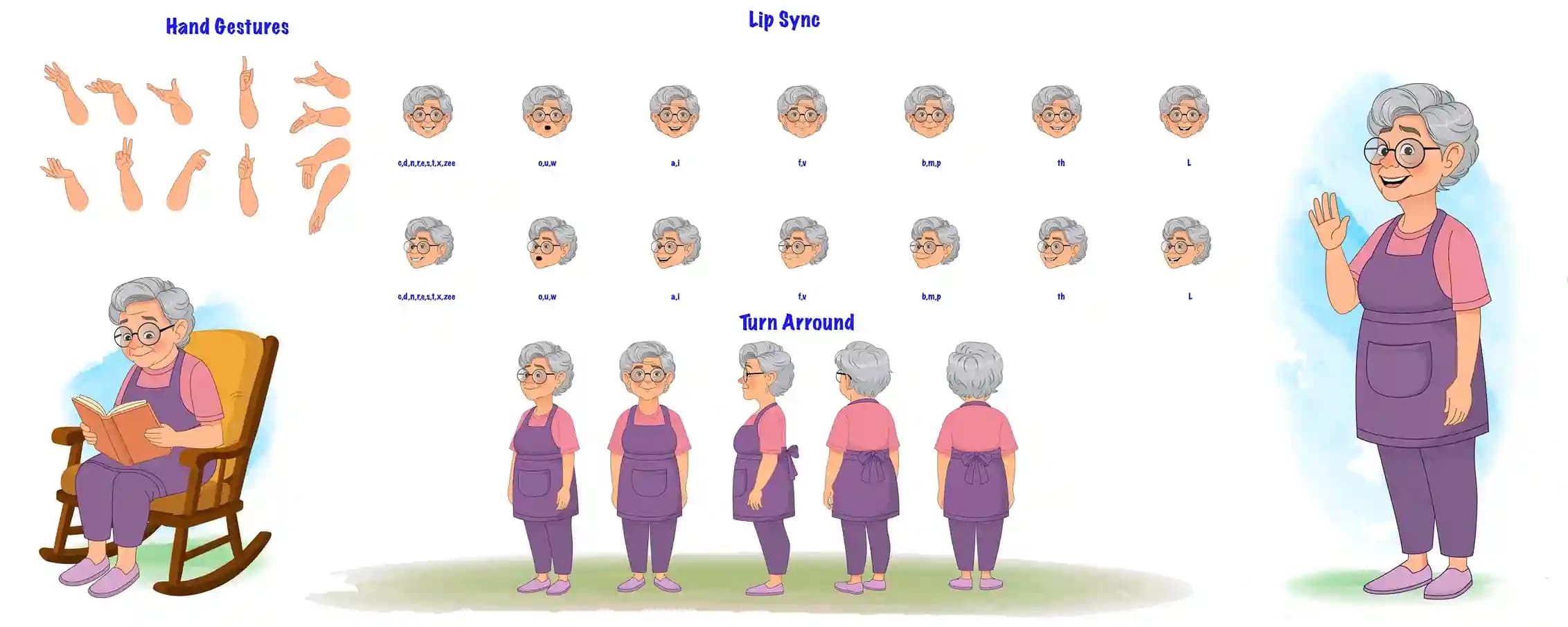 Old grandmother model sheet vector cartoon character design set for animation AKA Selia
