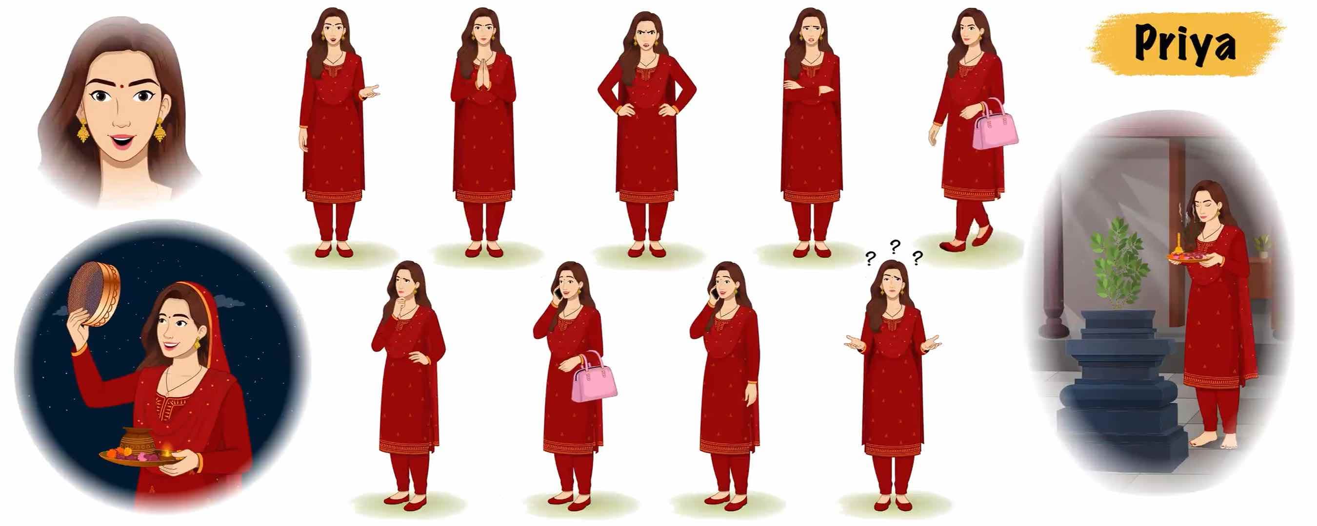 Indian pretty woman in traditional dress animated model sheet vector cartoon character AKA Priya