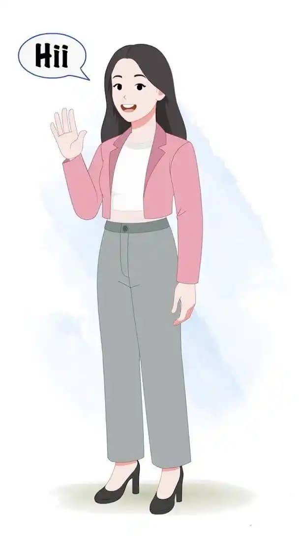 Professional girl in casual outfit saying hi animated cartoon character AKA Molly