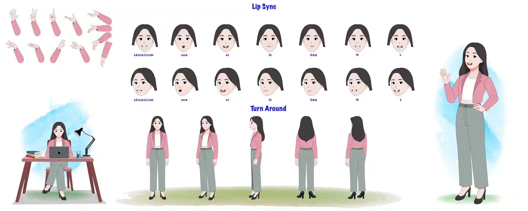 Professional girl in casual outfit model sheet vector cartoon character design set for animation AKA Molly