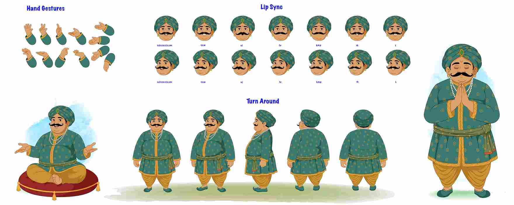 Traditional Indian Royal man vector model sheet cartoon character bundle design set for animation AKA Daulat seth