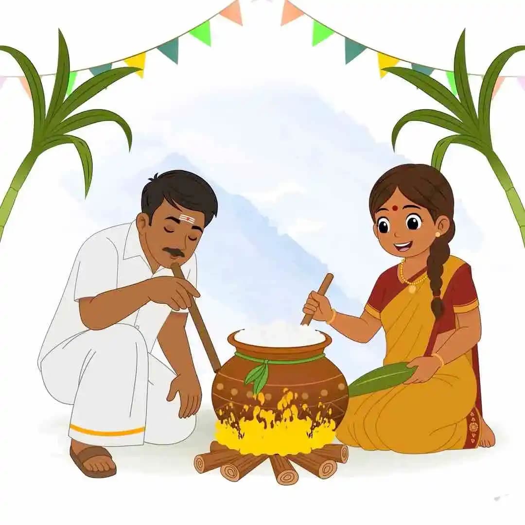 Cartoon tamil man vector & woman character cooking food for harvest festival Pongal