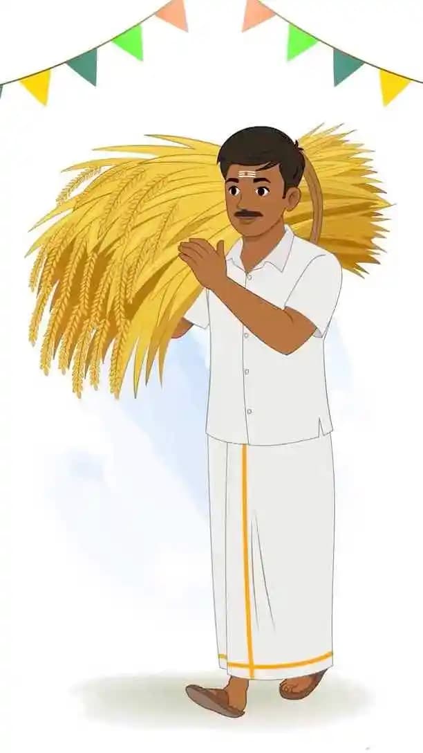 Cartoon Indian farmer animated tamil man vector character carrying crops bundle