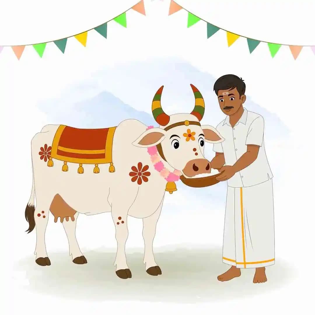 Cartoon vector illustration of a tamil Indian farmer feeding a cow on harvest festival