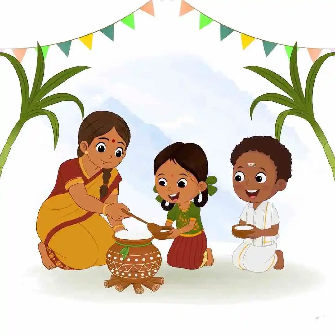 Cartoon vector of a family celebrating pongal festival with a mother serving food to children