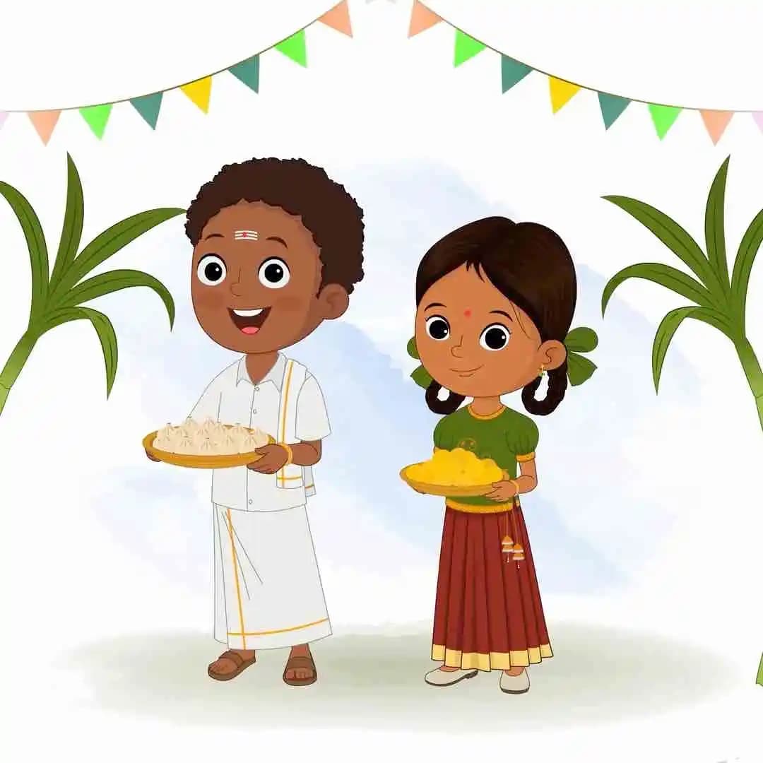 Vector character cartoon joyful Indian children celebrating harvest festival with sweets