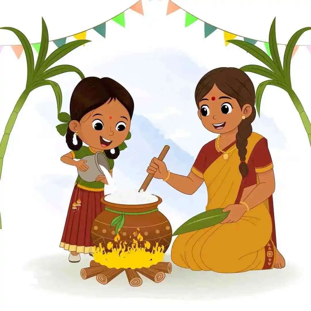 Indian Mother cooking food with his daughter animated vector character
