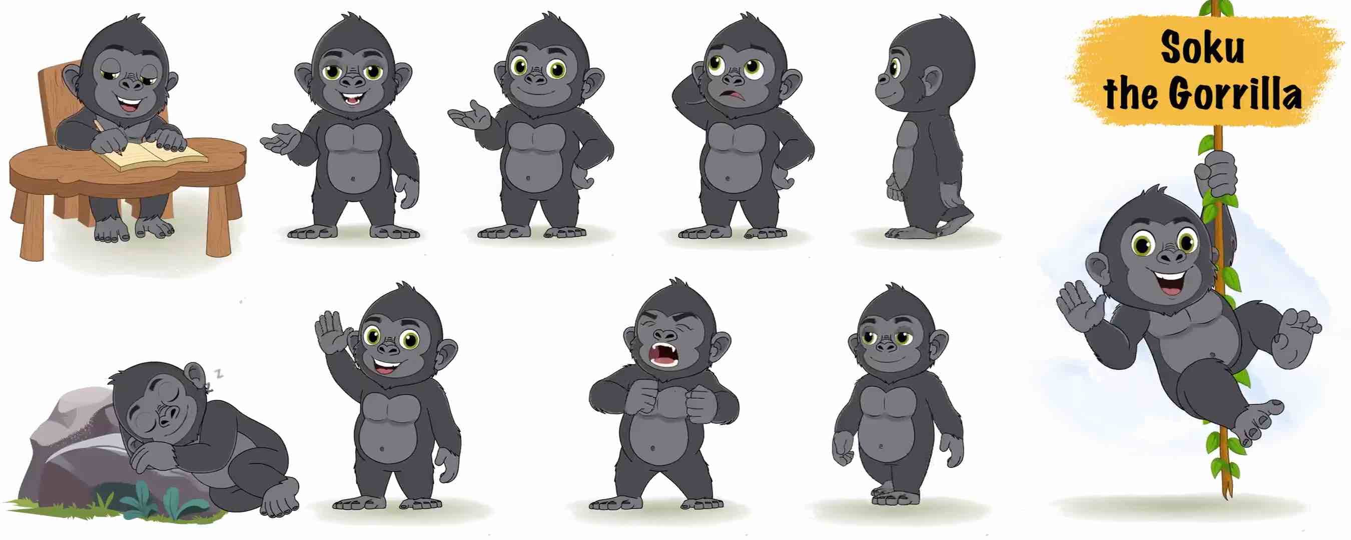 Baby gorilla cartoon animated character model sheet AKA Soku The Gorilla