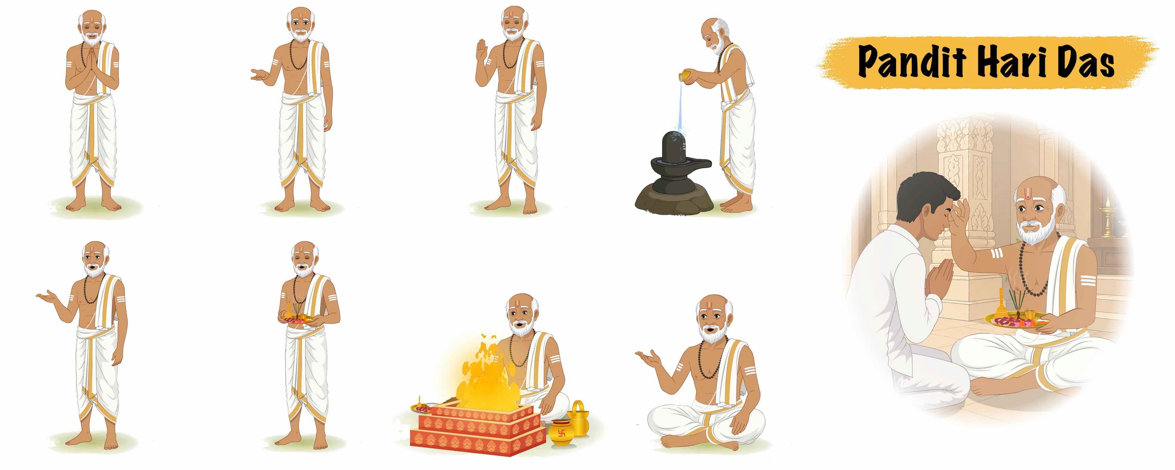 Indian character cartoon pandit & priest animated vector model sheet AKA Hari Das