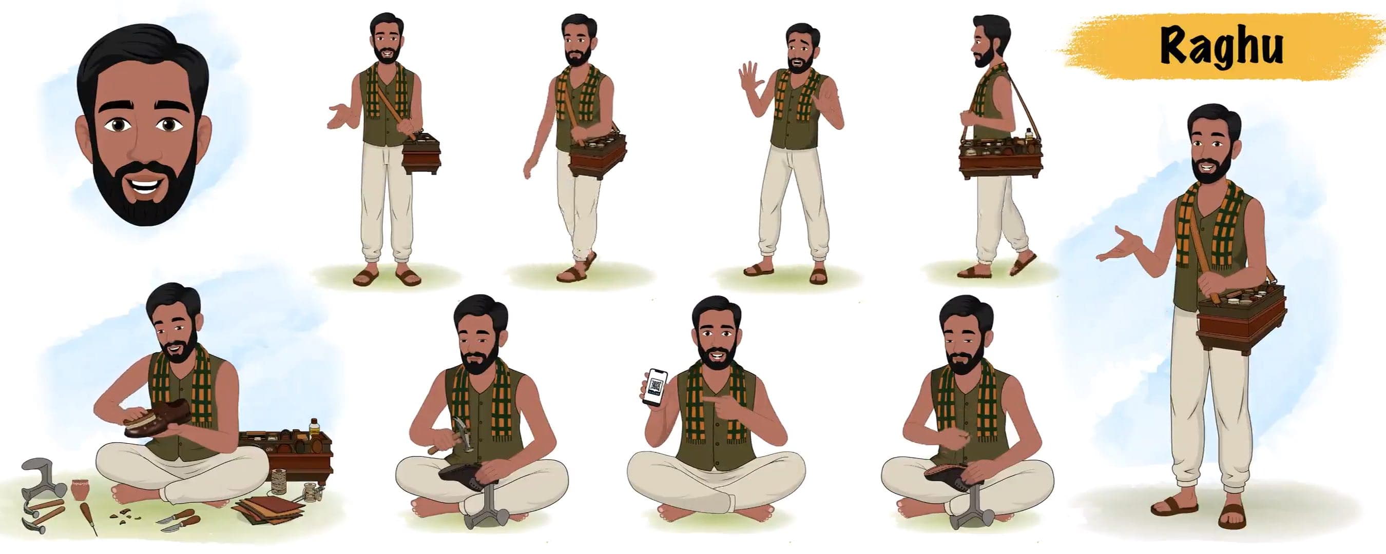 Indian character cartoon cobbler shoemaker vector animated man model sheet