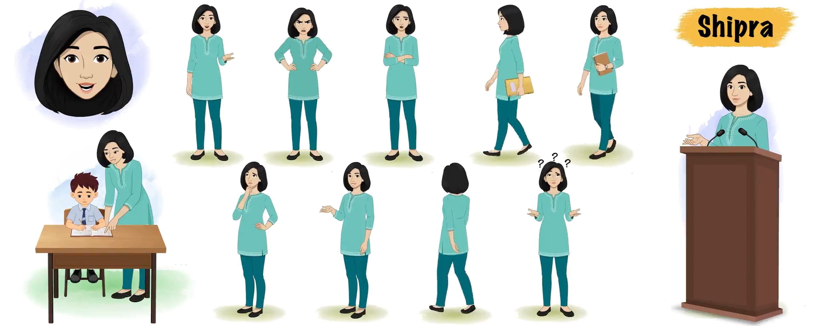 Beautiful woman cartoon education character animated teacher model sheet AKA Shipra