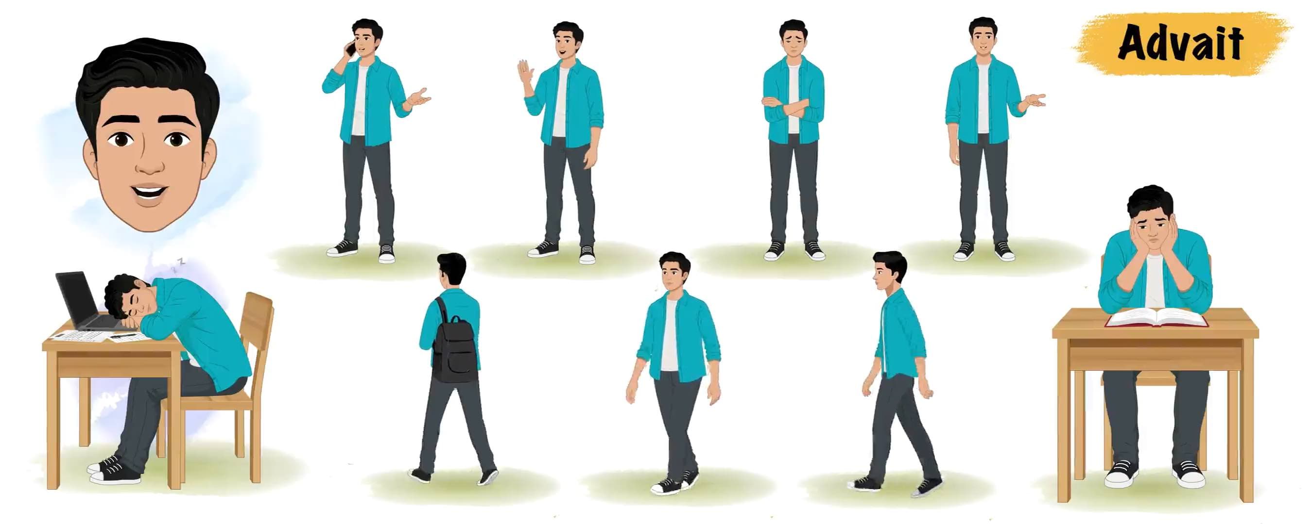 2d Cartoon college student vector human characters animated model sheet AKA Advait